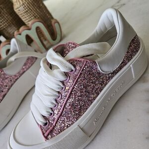 Alexander McQueen White and Pink Glitter Sneakers